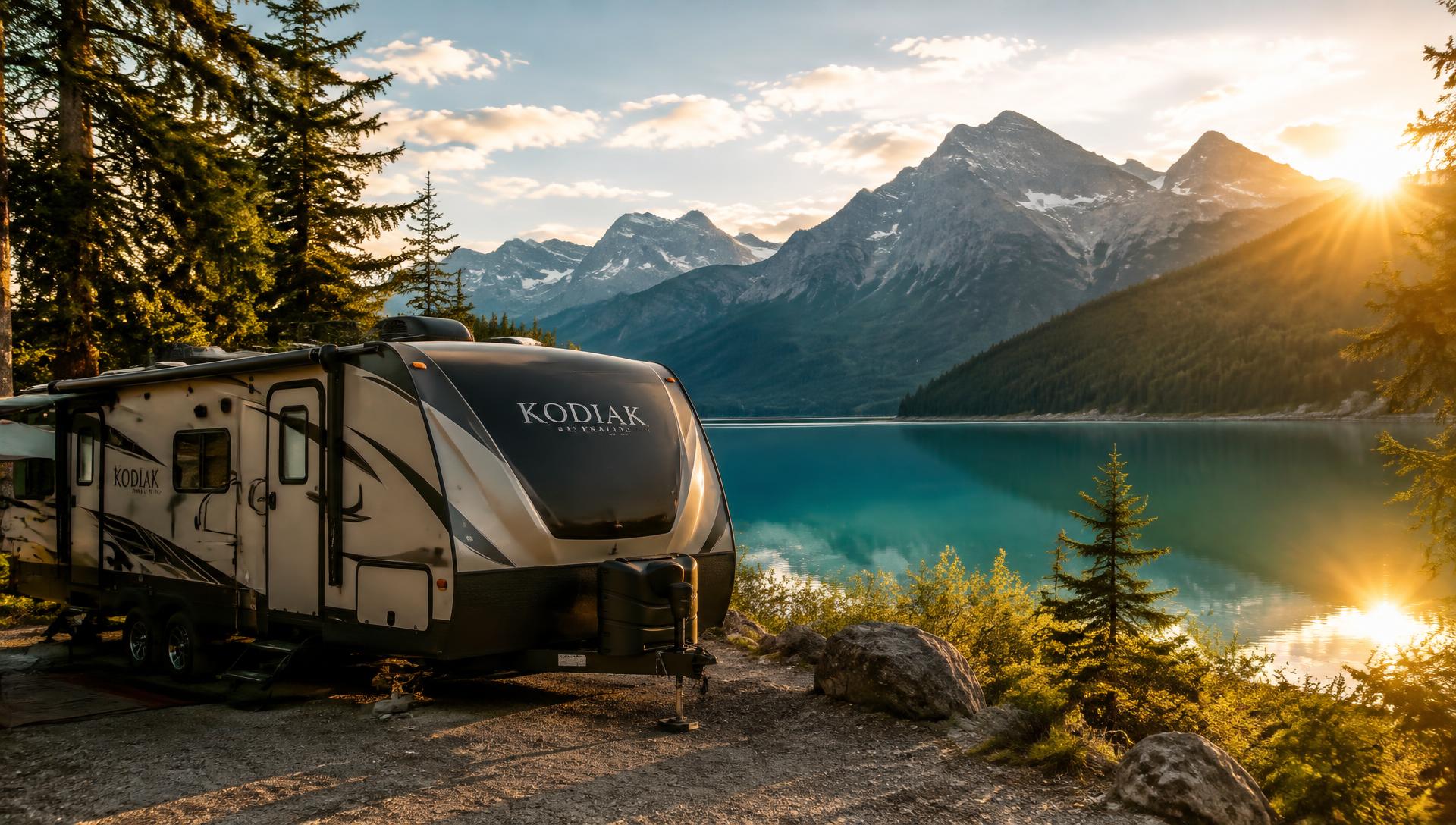 Travel trailer parked beside a turquoise mountain lake in British Columbia